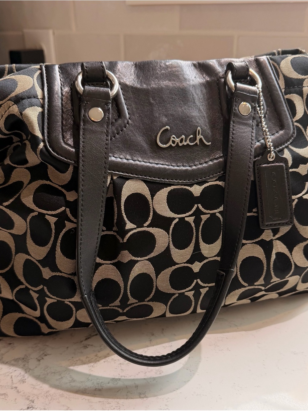 Coach Black and Beige Signature Canvas Shoulder Bag